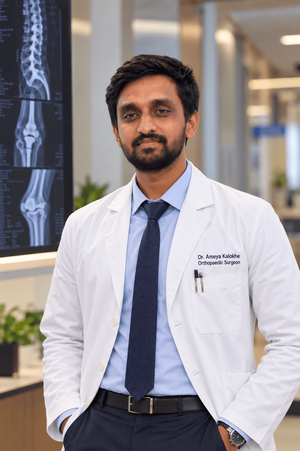 Dr. Ameya Kalokhe in a white coat and tie in a clinic corridor