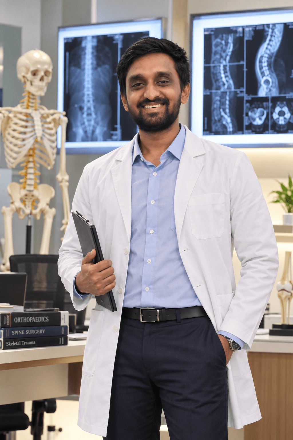 Dr. Ameya Kalokhe smiling in a white coat, with spine scans on screens behind him