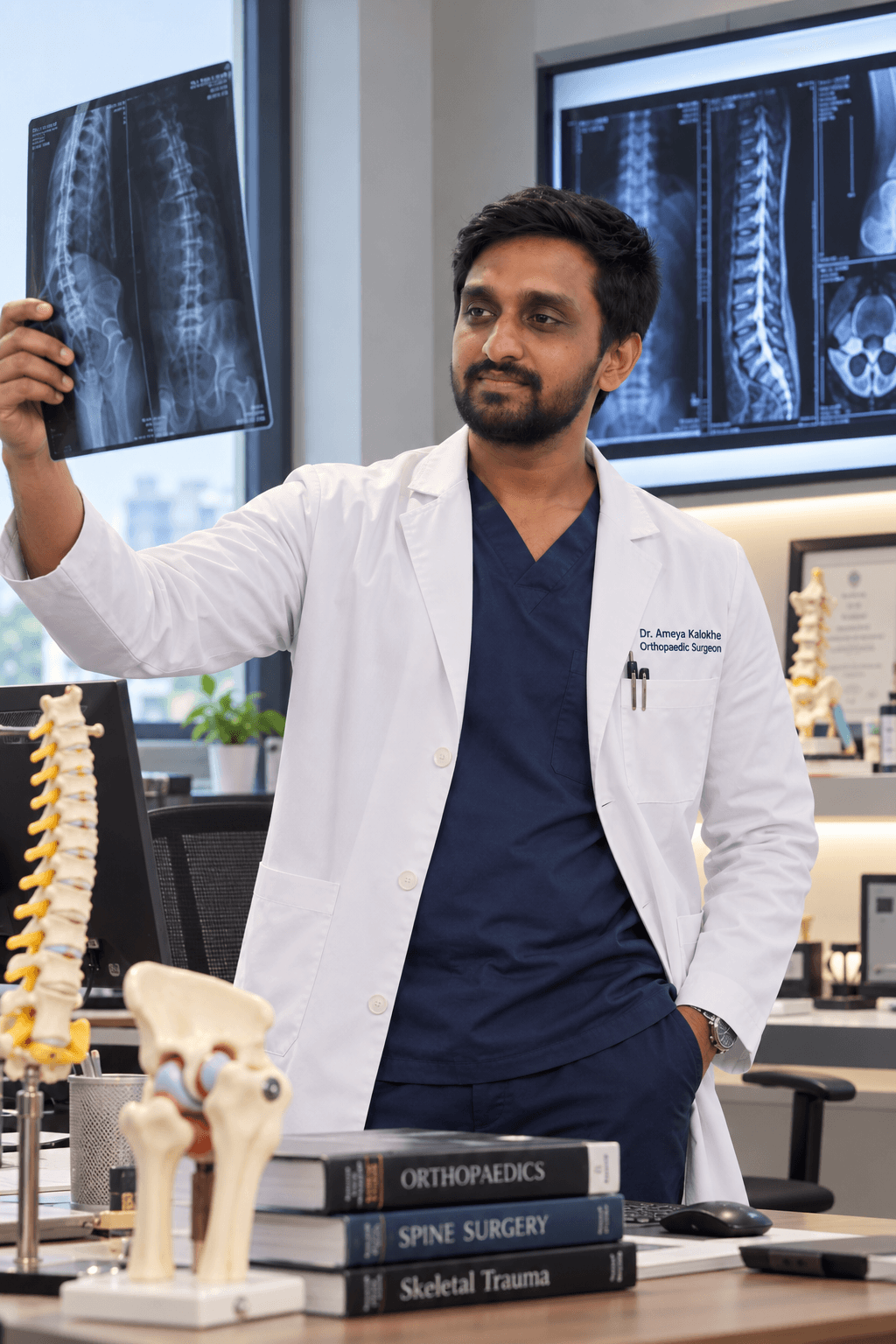Dr. Ameya Kalokhe examining a spine X-ray in his office